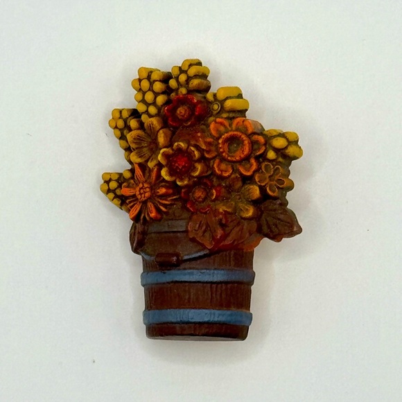 Vintage Hallmark Cards Autumn Fall Flowers In Pail bucket pot basket Pin Brooch - Picture 1 of 3